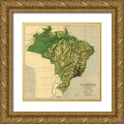 Physical Map of Brazil-the Amazon and Its tributaries 1886 Gold Ornate Wood Framed Art Print with Double Matting by Vintage Maps