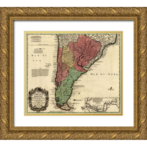 Southern Countries of South America 1733 Gold Ornate Wood Framed Art Print with Double Matting by Vintage Maps