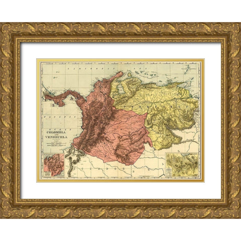 Colombia and Venezuela 1898 Gold Ornate Wood Framed Art Print with Double Matting by Vintage Maps