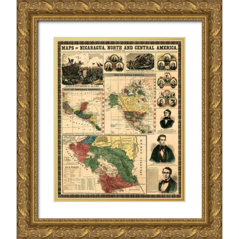 Nicaragua and Central America-Mexico-isthmus of Panama Gold Ornate Wood Framed Art Print with Double Matting by Vintage Maps