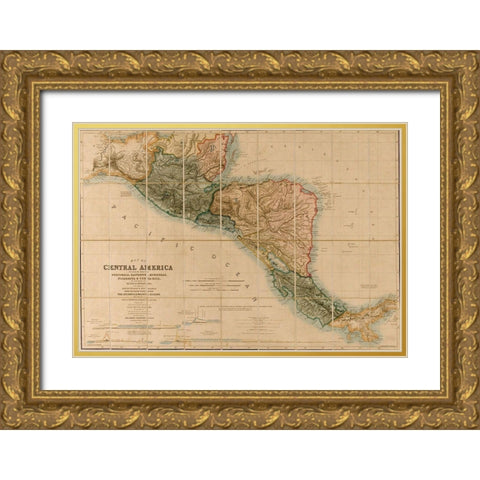 Topographic Map of Central America 1850 Gold Ornate Wood Framed Art Print with Double Matting by Vintage Maps