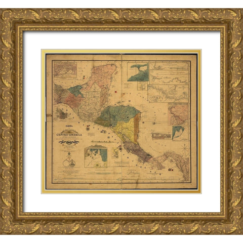 States of Central America 1862 Gold Ornate Wood Framed Art Print with Double Matting by Vintage Maps