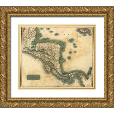 Spanish Central America Gold Ornate Wood Framed Art Print with Double Matting by Vintage Maps