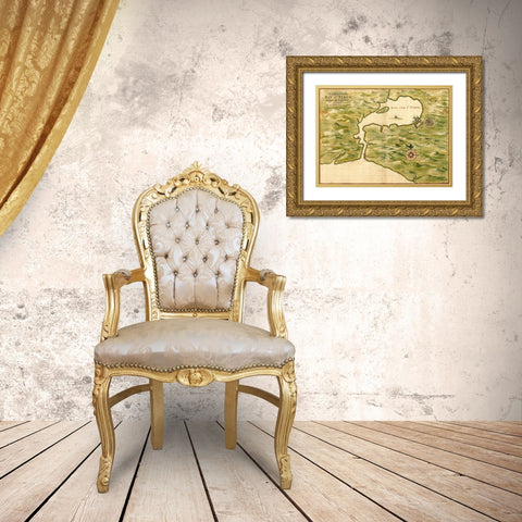 Cuba Santiago Bay Gold Ornate Wood Framed Art Print with Double Matting by Vintage Maps