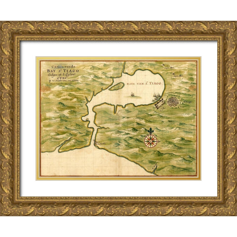 Cuba Santiago Bay Gold Ornate Wood Framed Art Print with Double Matting by Vintage Maps