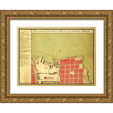 Havana Cuba City Plan 1700 Gold Ornate Wood Framed Art Print with Double Matting by Vintage Maps