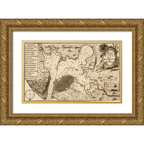 Havana Cuba City Plan 1701 Gold Ornate Wood Framed Art Print with Double Matting by Vintage Maps