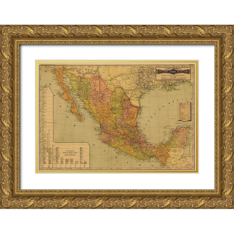 Mexico Gold Ornate Wood Framed Art Print with Double Matting by Vintage Maps