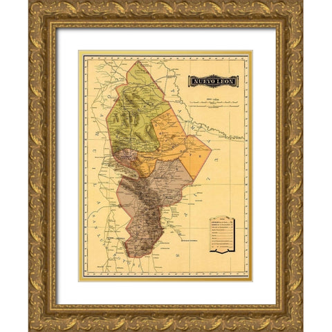 Nuevo Leon 1844 Gold Ornate Wood Framed Art Print with Double Matting by Vintage Maps