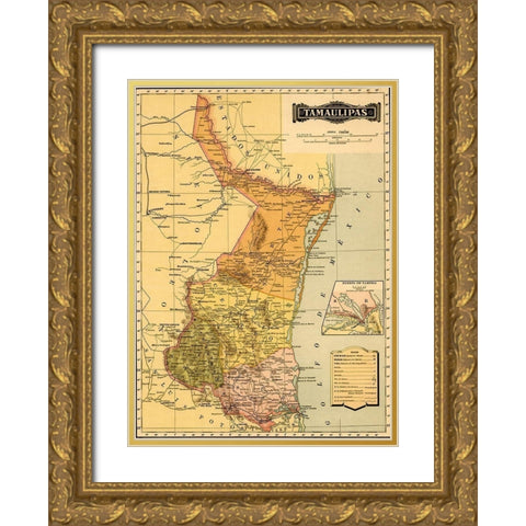 Tamaulipas 1844 Gold Ornate Wood Framed Art Print with Double Matting by Vintage Maps