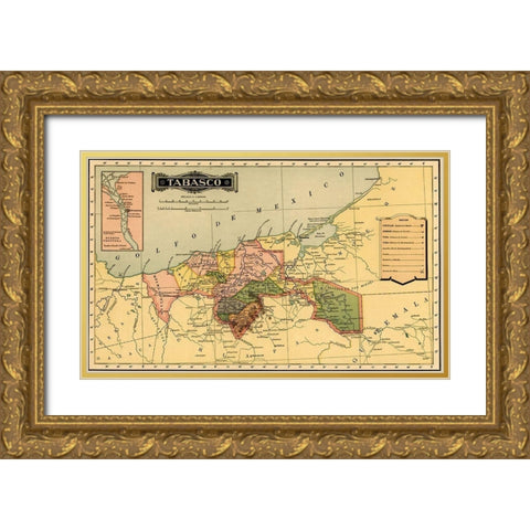 Tabasco 1844 Gold Ornate Wood Framed Art Print with Double Matting by Vintage Maps