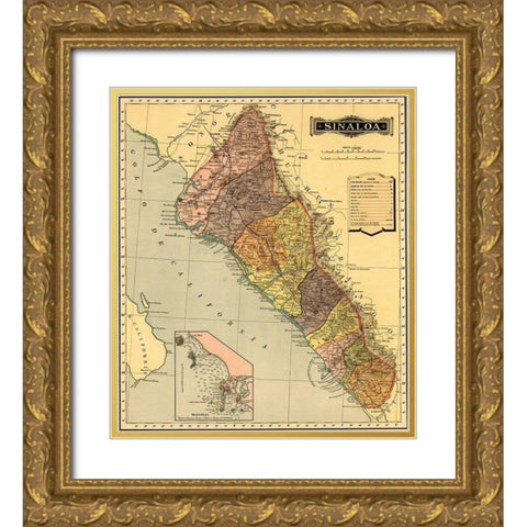 Sinaloa 1844 Gold Ornate Wood Framed Art Print with Double Matting by Vintage Maps