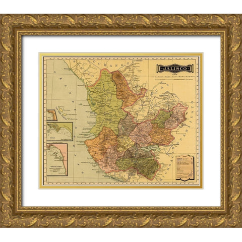 Jalisco 1844 Gold Ornate Wood Framed Art Print with Double Matting by Vintage Maps