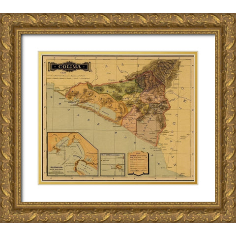 Colima 1844 Gold Ornate Wood Framed Art Print with Double Matting by Vintage Maps