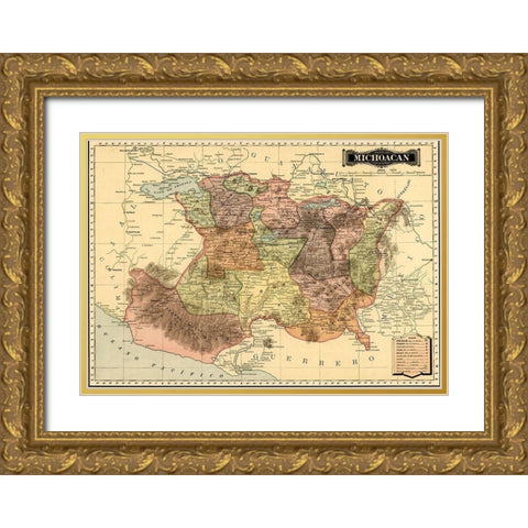 Michoacan 1844 Gold Ornate Wood Framed Art Print with Double Matting by Vintage Maps