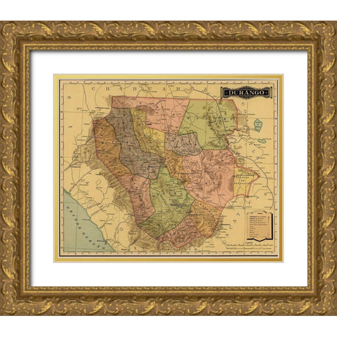 Durango 1844 Gold Ornate Wood Framed Art Print with Double Matting by Vintage Maps