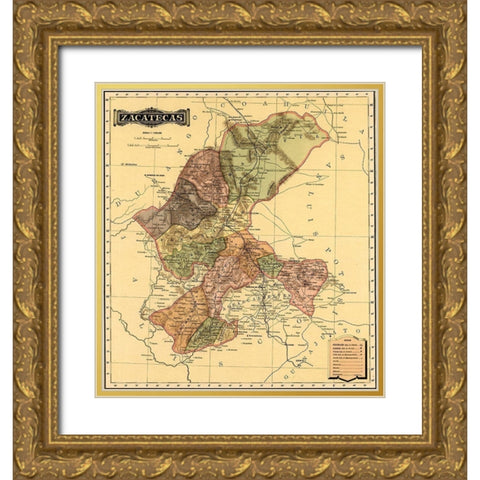 Zacatecas 1844 Gold Ornate Wood Framed Art Print with Double Matting by Vintage Maps