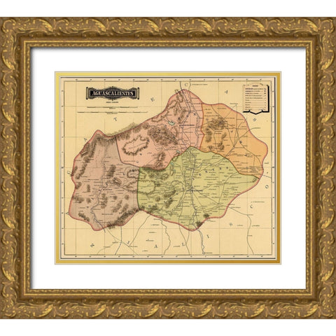 Aguascalientes 1844 Gold Ornate Wood Framed Art Print with Double Matting by Vintage Maps