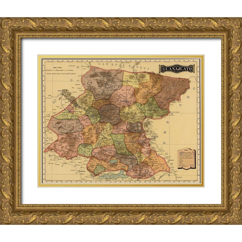 Guanajuanto 1844 Gold Ornate Wood Framed Art Print with Double Matting by Vintage Maps