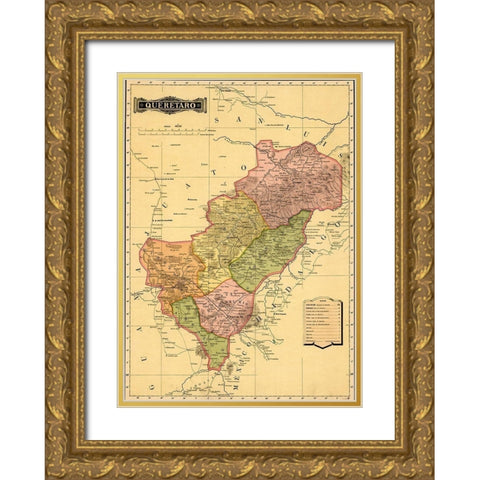 Queretaro 1844 Gold Ornate Wood Framed Art Print with Double Matting by Vintage Maps