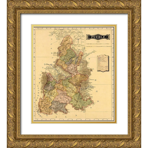 Puebla 1844 Gold Ornate Wood Framed Art Print with Double Matting by Vintage Maps