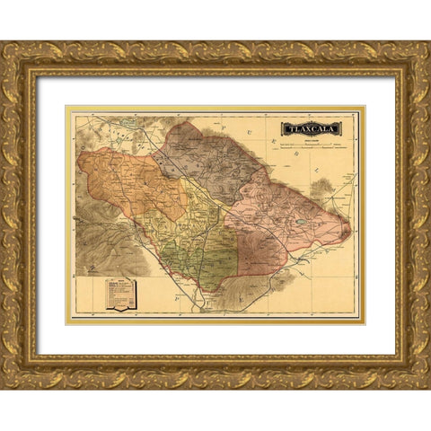 Tlaxcala 1844 Gold Ornate Wood Framed Art Print with Double Matting by Vintage Maps