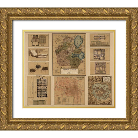 Mexico Federal District 1844 Gold Ornate Wood Framed Art Print with Double Matting by Vintage Maps