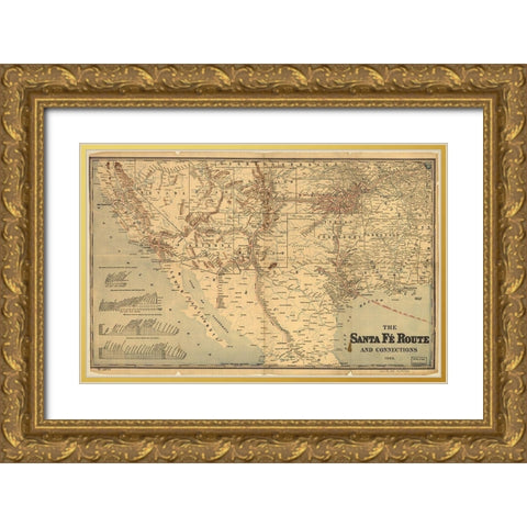 Sante Fe Route into Mexico 1888 Gold Ornate Wood Framed Art Print with Double Matting by Vintage Maps