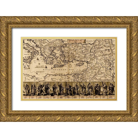 Map of the Travels and Voyages of the Apostles Gold Ornate Wood Framed Art Print with Double Matting by Vintage Maps