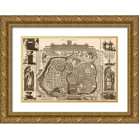 Jerusalem and Solomons Temple Gold Ornate Wood Framed Art Print with Double Matting by Vintage Maps