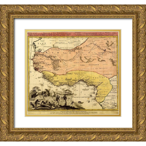 Guinee and Black Africa Gold Ornate Wood Framed Art Print with Double Matting by Vintage Maps