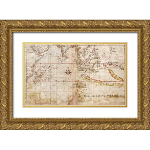 Navigational Map of the Indian Ocean 1630 Gold Ornate Wood Framed Art Print with Double Matting by Vintage Maps