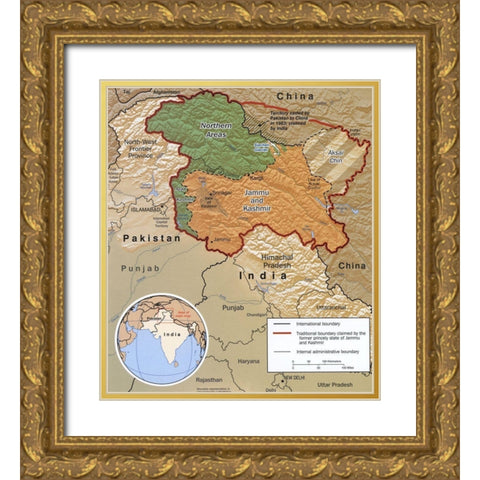 Disputed Area of Kashmir 2002 Gold Ornate Wood Framed Art Print with Double Matting by Vintage Maps