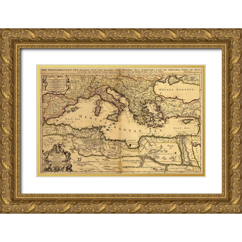 Mediterranean Divided into its Principal Parts 1685 Gold Ornate Wood Framed Art Print with Double Matting by Vintage Maps