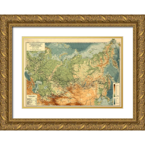 Elevation Map of Russia 1912 Gold Ornate Wood Framed Art Print with Double Matting by Vintage Maps