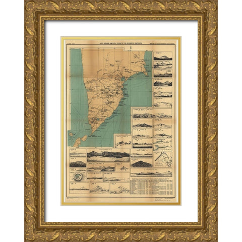 Map of the Volcanoes in Kamchatka II Gold Ornate Wood Framed Art Print with Double Matting by Vintage Maps