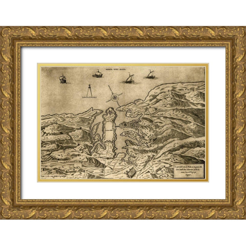 Island of Malta 1563 Gold Ornate Wood Framed Art Print with Double Matting by Vintage Maps