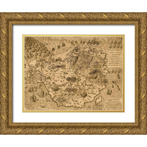 Island of Malta 1568 Gold Ornate Wood Framed Art Print with Double Matting by Vintage Maps