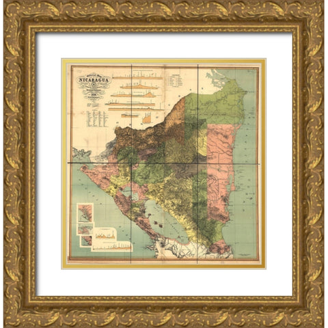 Nicaragua Isthmus Canal 1898 Gold Ornate Wood Framed Art Print with Double Matting by Vintage Maps