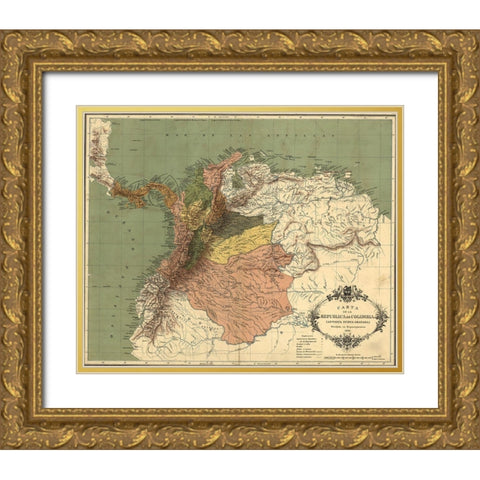 Map of the Republic of Colombia 1886 Gold Ornate Wood Framed Art Print with Double Matting by Vintage Maps