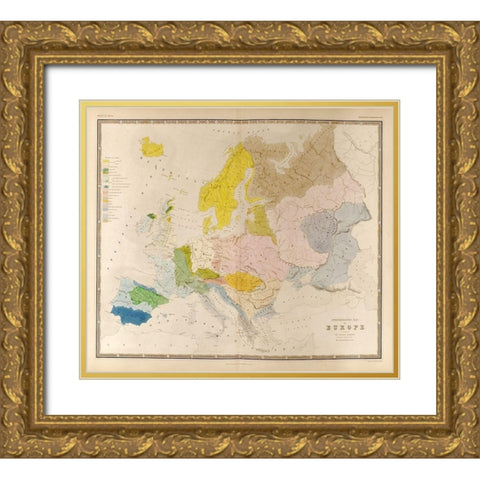 Ethnographic Map of Europe Gold Ornate Wood Framed Art Print with Double Matting by Vintage Maps
