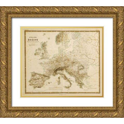 Mountain Systems of Europe Gold Ornate Wood Framed Art Print with Double Matting by Vintage Maps