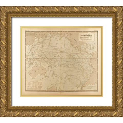 Physical Chart of the Pacific Ocean Gold Ornate Wood Framed Art Print with Double Matting by Vintage Maps