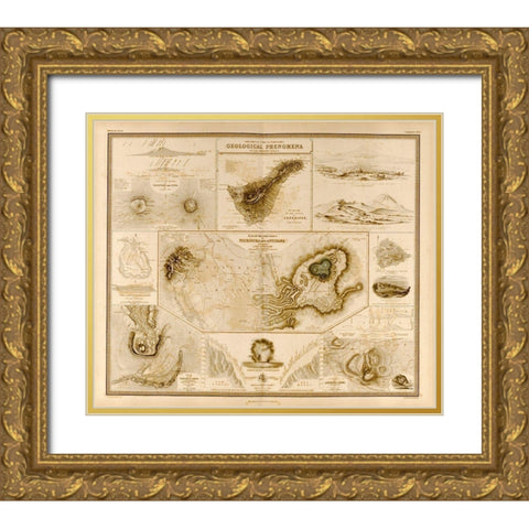 Geologic Phenomenon Volcanoes Gold Ornate Wood Framed Art Print with Double Matting by Vintage Maps