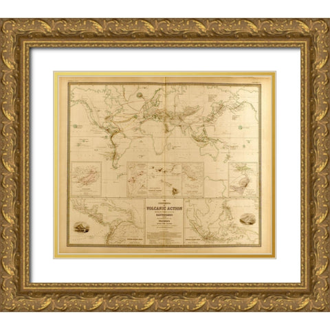 Volcanic Action Across the Globe Gold Ornate Wood Framed Art Print with Double Matting by Vintage Maps