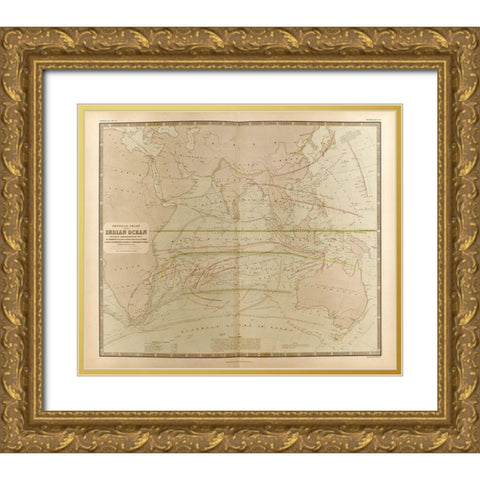 Currents in the Indian Ocean Gold Ornate Wood Framed Art Print with Double Matting by Vintage Maps