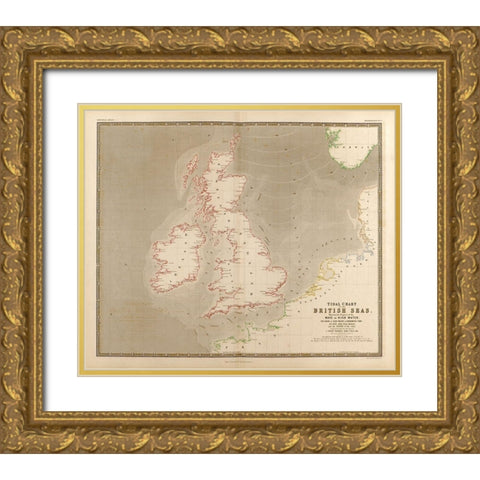 British Isles Waves High Water and Tides Gold Ornate Wood Framed Art Print with Double Matting by Vintage Maps