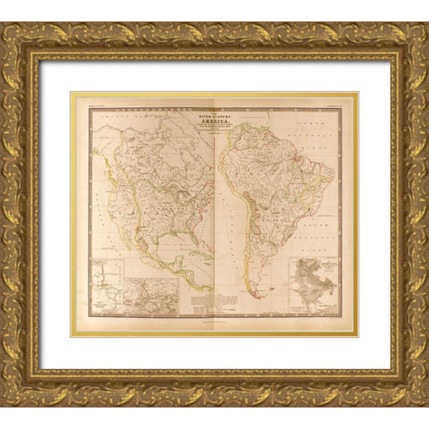 River Systems in the Americas Gold Ornate Wood Framed Art Print with Double Matting by Vintage Maps