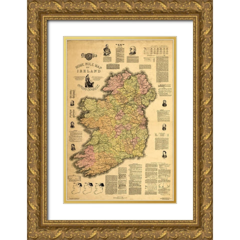 Home Rule Map of Ireland 1893 Gold Ornate Wood Framed Art Print with Double Matting by Vintage Maps