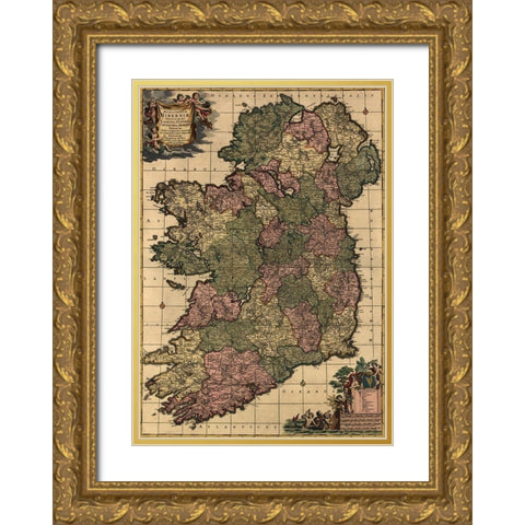 Ireland 1750 Gold Ornate Wood Framed Art Print with Double Matting by Vintage Maps